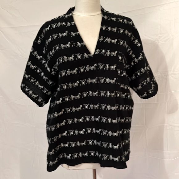 Kaftan Short Sleeve Shirt with Horses and Riders Breast Pocket Womens Size L - Picture 2 of 8